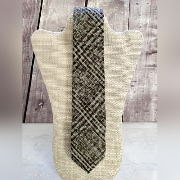 SPREZZA Mens Designer Wool Blend Skinny Tie Necktie Plaid Black Tan Retro - Picture 1 of 8